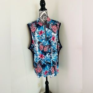 Coral Bay Women’s Blue Tropical Butterfly Print Sleeveless Polo Top Size 3X